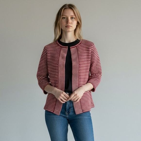 Talbots 100% Merino Wool Open Front Cardigan Knit Sweater Women S Red White Long - Picture 1 of 6